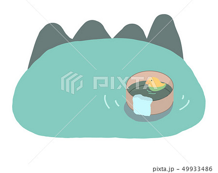 山と温泉とアヒルの玩具と風呂桶のイラスト素材