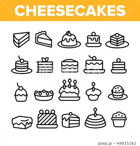 Sweet Cheesecakes, Bakery Linear Vector Icons Set 49935262