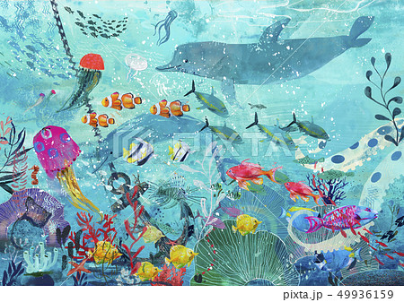 Blue Underwater Background With Fishのイラスト素材