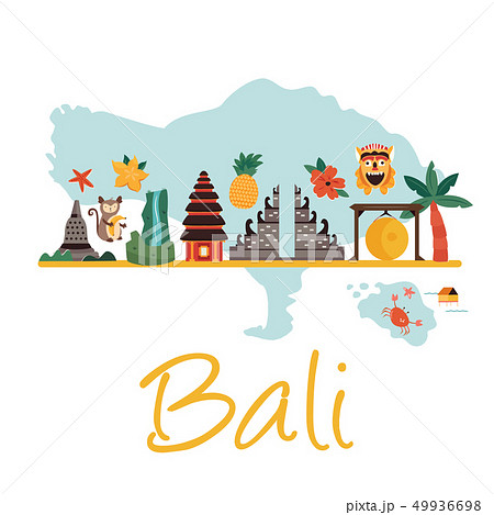 Cartoon Illustration With Bali Landmarks Symbolsのイラスト素材