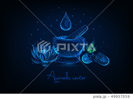 Futuristic ayurveda center concept with mortar, essential oil drop, lotus flower and herbal pills Futuristic ayurveda center concept with mortar, essential oil drop, lotus flower and herbal pills 49937059