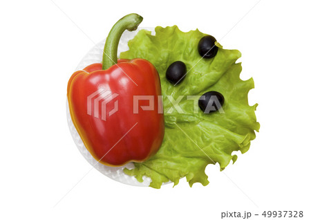 Bell pepper, olives, salad lettuce on white plate Bell pepper, olives, salad lettuce on white plate 49937328