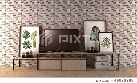 Smart Tv Mock-up on empty room, rock tiles wall Smart Tv Mock-up on empty room, rock tiles wall 49938399