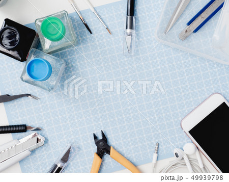 top view of hobbies concept with cutting mat. 49939798