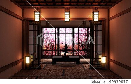 Living room with bonsai tree and low table  49939857