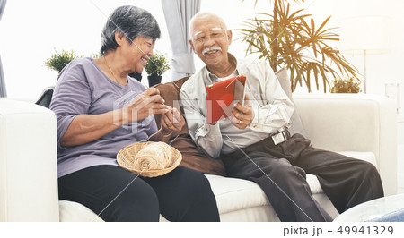 Senior couple online shopping with smile face. Senior couple online shopping with smile face. 49941329