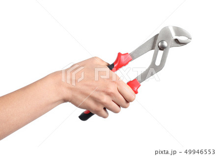 Woman hand holding a water pump pliers closed Woman hand holding a water pump pliers closed 49946553