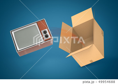3d rendering of retro TV set flying out of cardboard box suspended in air against blue background. 3d rendering of retro TV set flying out of cardboard box suspended in air against blue background. 49954688
