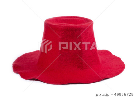 Red felt wool hat on a white background 49956729