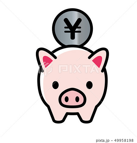 かわいいブタ 豚 の貯金箱とお金のイラスト 主線あり 貯金 節約のイメージ ベクターデータのイラスト素材