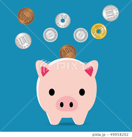かわいいブタ 豚 の貯金箱と硬貨のイラスト 貯金 節約のイメージ ベクターデータのイラスト素材