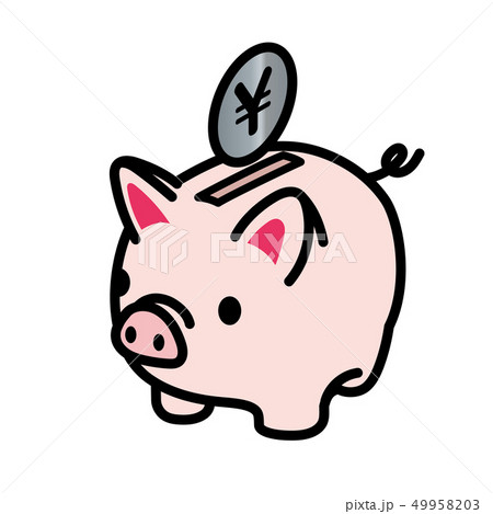 かわいいブタ 豚 の貯金箱とお金のイラスト 主線あり 貯金 節約