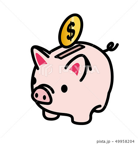 かわいいブタ 豚 の貯金箱とお金 ドルのイラスト 主線あり 貯金 節約のイメージ ベクターデータのイラスト素材