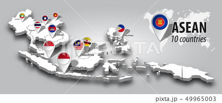 ASEAN and membership flag on 3D map Southeast asia 49965003