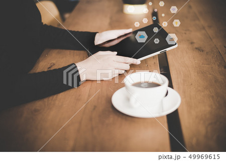 Close up hand woman use laptop and Close up hand woman use laptop and 49969615