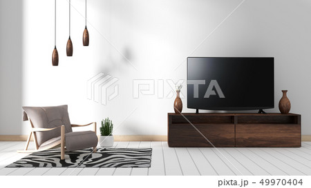 Smart Tv Mockup with blank black screen hanging 49970404
