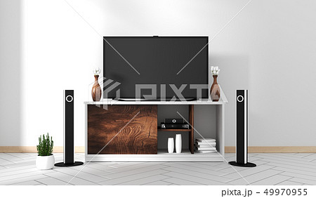Smart Tv Mockup with blank black screen hanging 49970955