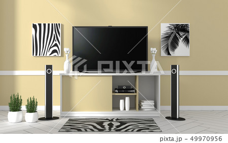 Smart Tv Mockup with blank black screen hanging 49970956