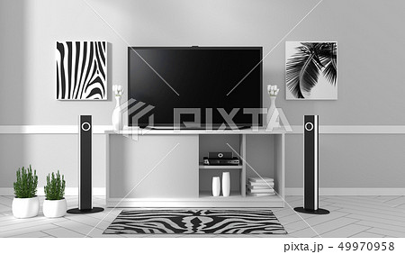 Smart Tv Mockup with blank black screen hanging 49970958