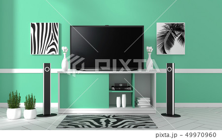 Smart Tv Mockup with blank black screen hanging 49970960