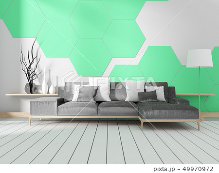 Room with sofa and hexagonal tile wall 49970972