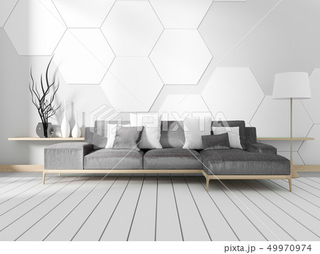 Room with sofa and hexagonal tile wall Room with sofa and hexagonal tile wall 49970974
