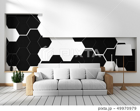 Room with sofa and hexagonal tile wall Room with sofa and hexagonal tile wall 49970979