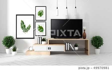Smart Tv Mockup with blank black screen hanging 49970981