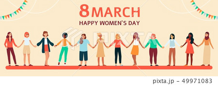 Diverse women stand and hold hands, horizontal female flat banner with text 8 march. Diverse women stand and hold hands, horizontal female flat banner with text 8 march. 49971083