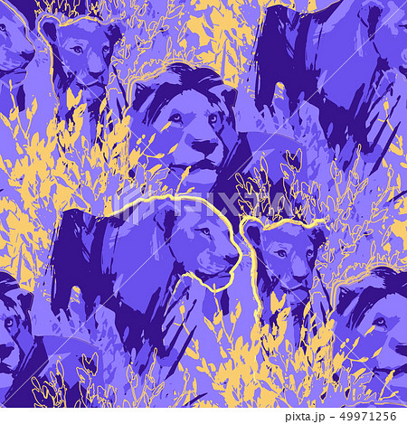 Seamless pattern of lion pride among the grass and bushes Seamless pattern of lion pride among the grass and bushes 49971256