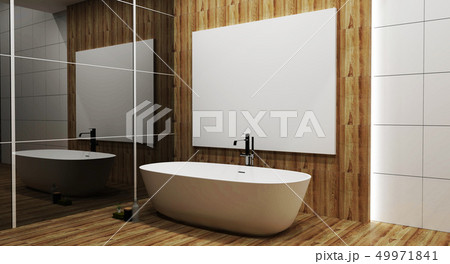 White tile and wood wall bathroom interior  49971841