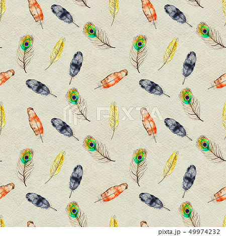 Watercolor feathers seamless pattern. Hand painted texture 49974232