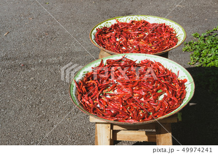 drying red chili on tray. dried hot chilli pepper drying red chili on tray. dried hot chilli pepper 49974241