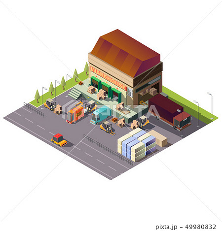 Commercial warehouse building isometric vector 49980832