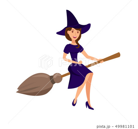 Witch Flying on Broomstick Vector Illustration 49981101