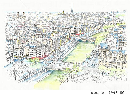 世界遺産の街並み フランス パリ ノートルダムの上からのイラスト素材