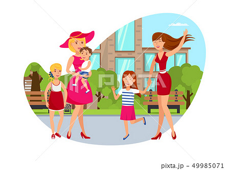 Two Women with Kids Flat Cartoon Illustration 49985071