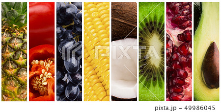 Collage of fresh summer fruits, colorful vertical stripes 49986045
