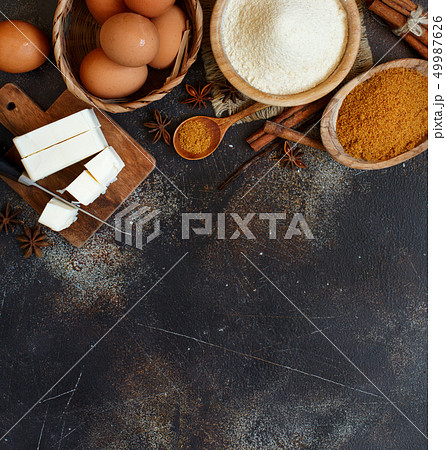 Ingredients and utensils for baking cookies Ingredients and utensils for baking cookies 49987626