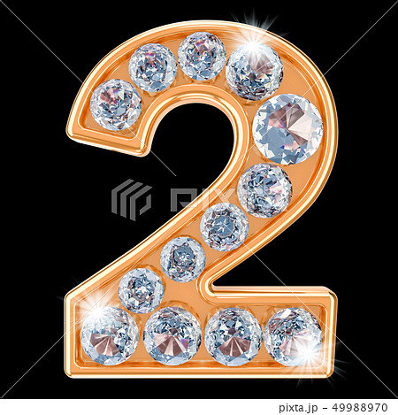 Golden number 2 with diamonds. 3D rendering 49988970