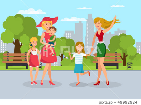 Parents with Kids Meet on Walk Flat Illustration Parents with Kids Meet on Walk Flat Illustration 49992924