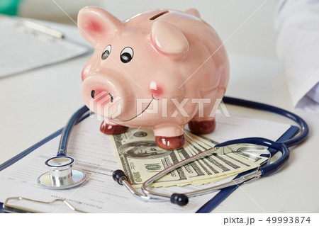 Funny piggybank standing on clipboard with document Funny piggybank standing on clipboard with document 49993874