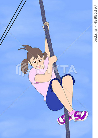 ターザンロープで遊ぶ女の子 青空 のイラスト素材