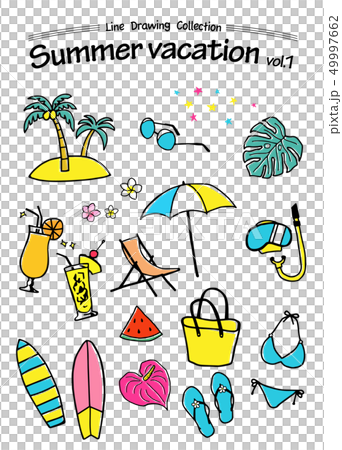 夏の手描きアイコン トロピカル 夏休みのイラスト素材