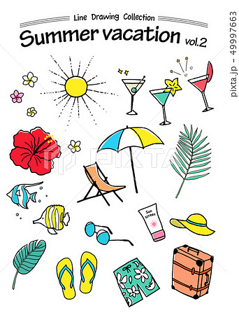 夏の手描きアイコン トロピカル 夏休みのイラスト素材