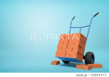 3d rendering of stack of red perforated bricks on blue hand truck with several bricks on ground on 50003473