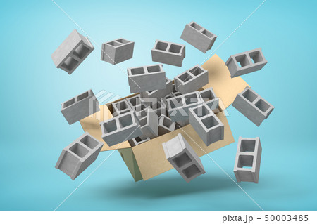3d rendering of cardboard box in air full of gray hollow bricks which are flying out and floating 3d rendering of cardboard box in air full of gray hollow bricks which are flying out and floating 50003485