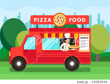 Chef in Pizza Food Truck Cartoon Illustration 50003649