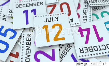 July 12 date on calendar leaf. 3D rendering July 12 date on calendar leaf. 3D rendering 50006812
