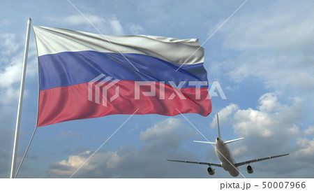 Airliner flying over waving flag of Russia. 3D rendering 50007966